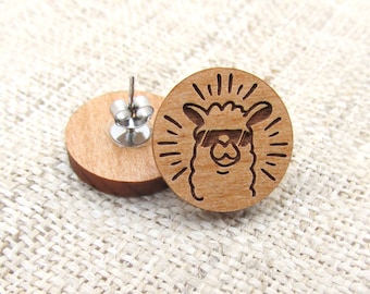 Llama Earrings - Wooden Post Earring Studs - Alpaca Wood Earrings