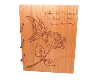 Butterflly Rose Wedding Guest Book Photo Album LARGE SIZE - Real Wood Covers Personalized