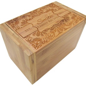 Personalized Recipe Box - Decorative Floral Design - Bamboo Recipe Box - Custom Personalized Wooden Recipe Box