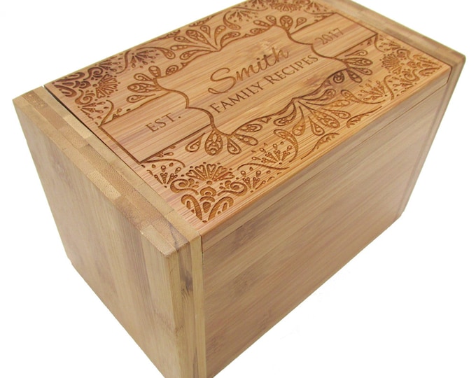 Boîte de recette personnalisée - Motif floral décoratif - Boîte de recette en bambou - Boîte de recette personnalisée en bois