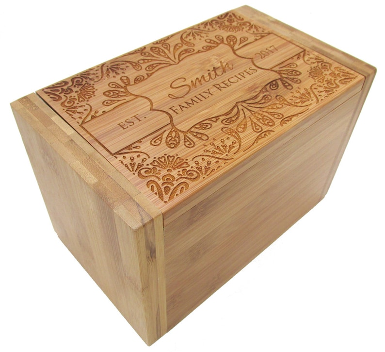 Personlig receptlåda - Dekorativ blomdesign - Receptlåda i bambu - Anpassad personlig receptlåda i trä Bamboo-AlphaDividers