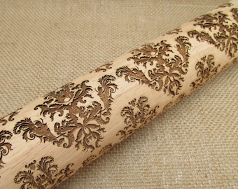 Engraved Rolling Pin - Embossed Damask Cookie Stamp - Damascus Rolling Pin