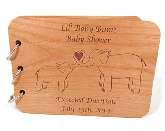 Elephants Baby Shower Guest Book - Real Wood Engraved Cover - Personalized