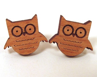 Wooden Owl Earrings - Post Stud Earrings