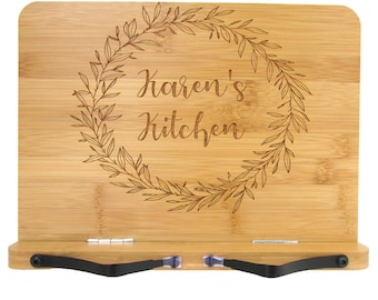 Personalized Cookbook Stand - Engraved Bamboo Recipe Stand - Wooden Recipe Book Holder
