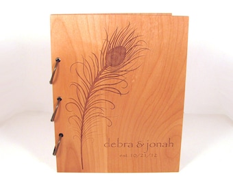 Wooden Wedding Guest Book Photo Album LARGE SIZE - Peacock Feather