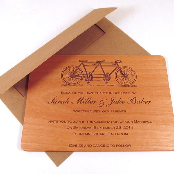 Faire-part de mariage en bois de vélo tandem - Tandem vélo Invitation