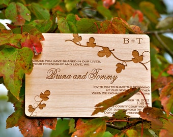 Wooden Wedding Invitation - Real Wood - Fall Leaves Design