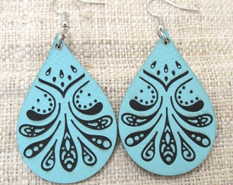 Teal Leather Earrings  - Teardrop Faux Leather Earrings - Engraved Aqua and Black Leather Earrings - 8 Designs to Choose From