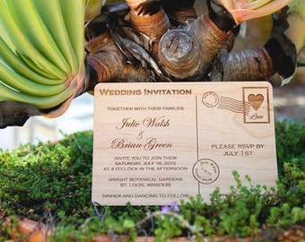 Postcard Wooden Wedding Invitation - Real Wood Invite