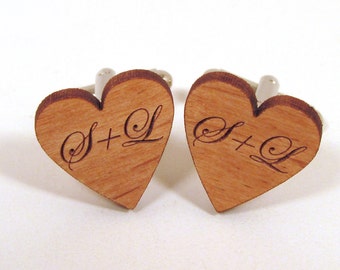 Personalized Heart Cuff Links - Engraved Wooden Cuff Links