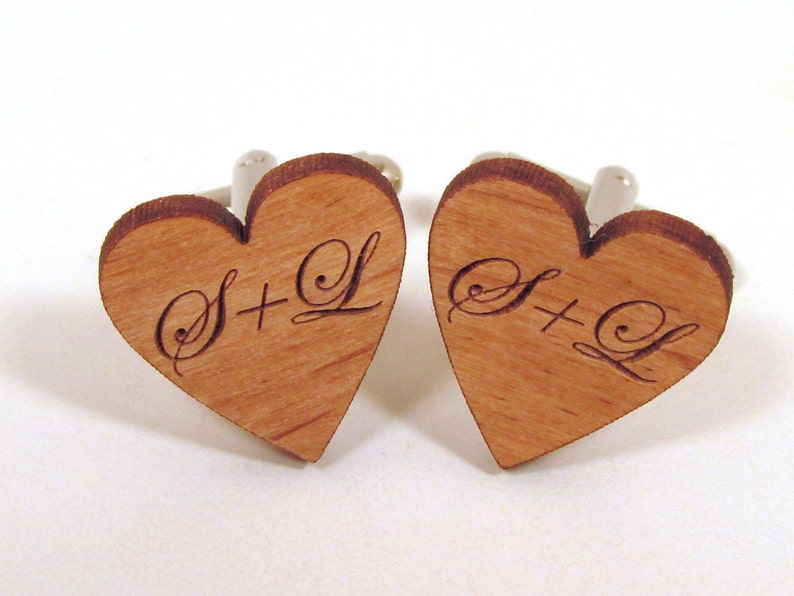 Personalized Heart Cuff Links Engraved Wooden Cuff Links image 1