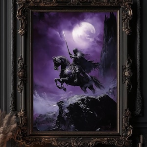 May include: A framed fantasy art print depicts a knight on horseback, silhouetted against a purple sky with a full moon. The knight raises a sword, riding on a black horse. The ornate, dark brown frame adds a gothic aesthetic. The print is displayed in a room with candles.