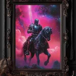 May include: A black knight on horseback rides through a pink and purple nebula. The knight is wearing armor and holding a sword. The background is a starry sky.