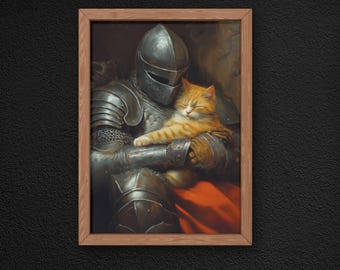 Medieval Knight Holding a Cat | Fantasy Art | Mythical Art | Magical Art | Digital Download | DND Wall Art | M25