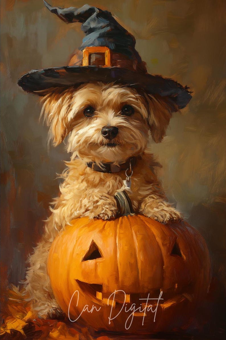 Halloween Wall Art Cute Dog Wearing an Old Witch Hat on Top of a Jack O ...