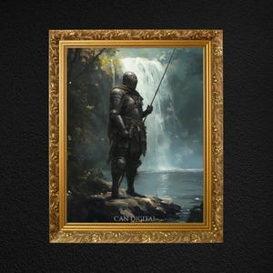 Medieval Knight Fishing Print Art | Fantasy Wall Decor, Unique Vintage Style Poster for Gamers & Knights