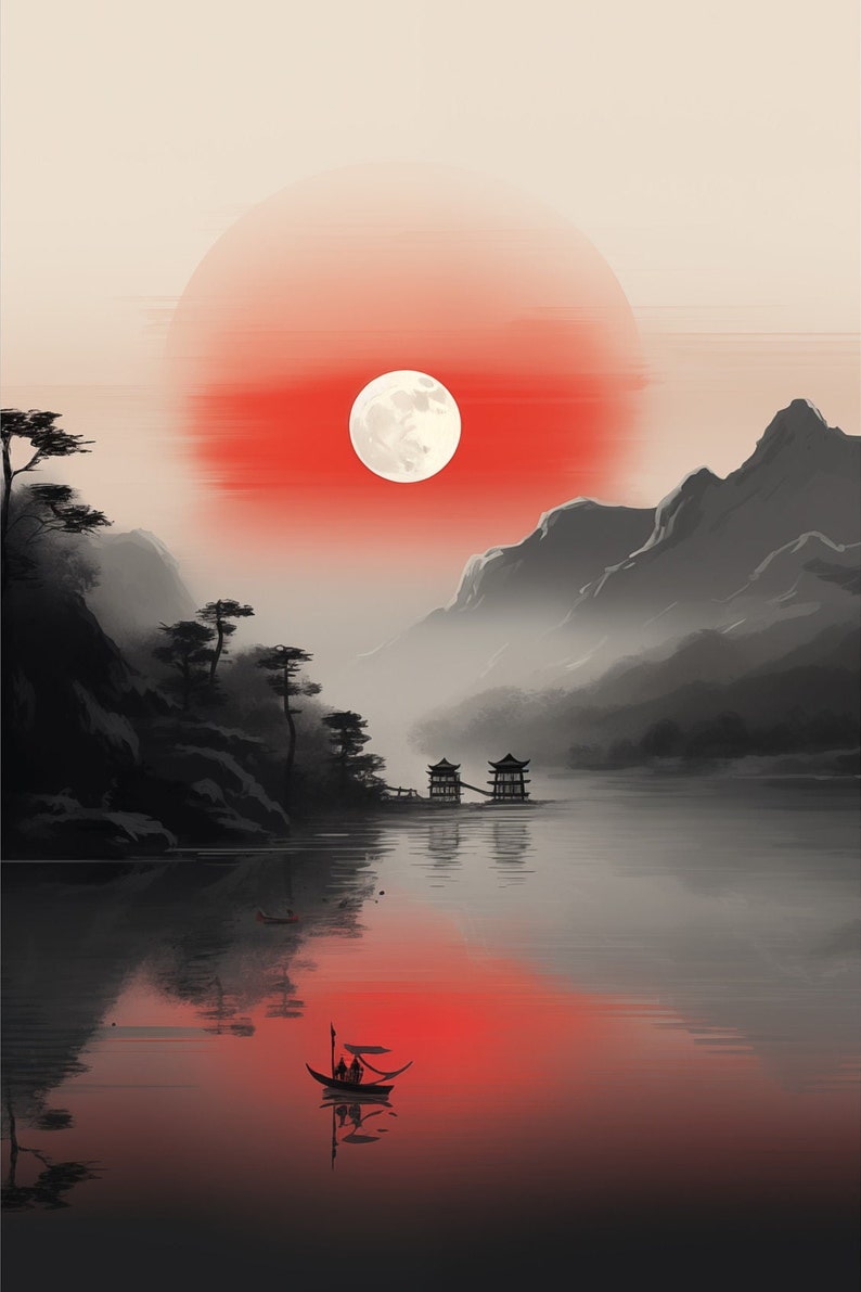Sun Rising On Ink Ink Painting of the Red Sun Rising Over Mountains High Contrast ...
