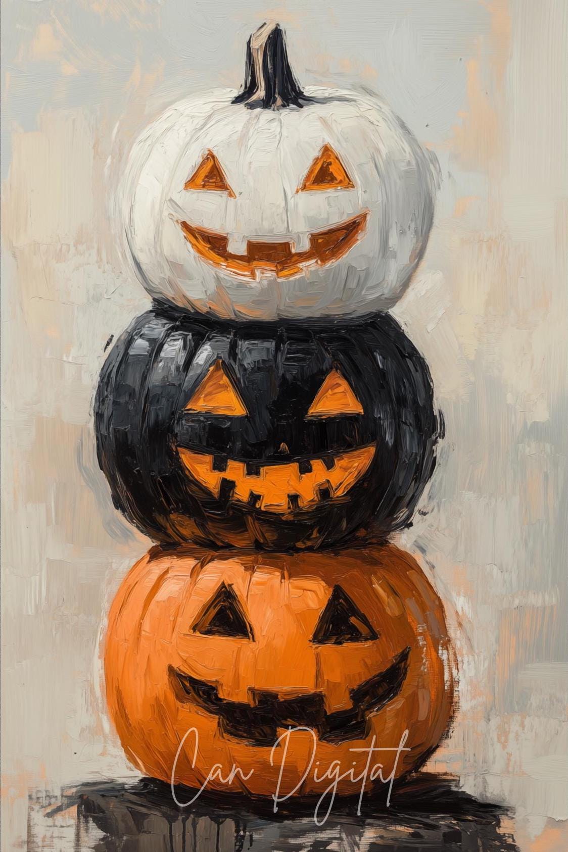 Stacked Jack-o'lanterns Oil Painting Halloween Pumpkin Trio Canvas Art ...