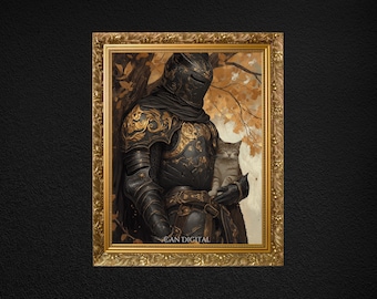 Medieval Knight Holding a Cat Art Print | Whimsical Fantasy Decor & Unique Wall Art for Cat Lovers | Instant Downloadable Gift