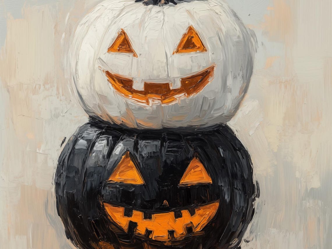 Stacked Jack-o'lanterns Oil Painting Halloween Pumpkin Trio Canvas Art ...