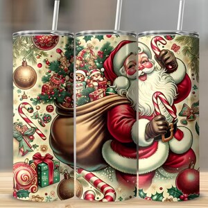 May include: A festive tumbler featuring a Santa Claus design. The tumbler showcases Santa in a red suit, holding a candy cane, and a bag filled with gifts. The background is adorned with Christmas ornaments and candy canes. Includes a white straw.