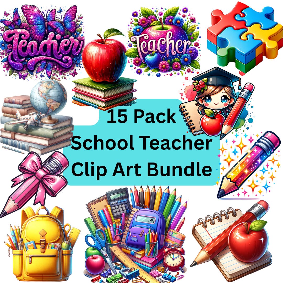 Back to School Teacher Clip Art Bundle, 15 Pack, Flowers, Apples ...