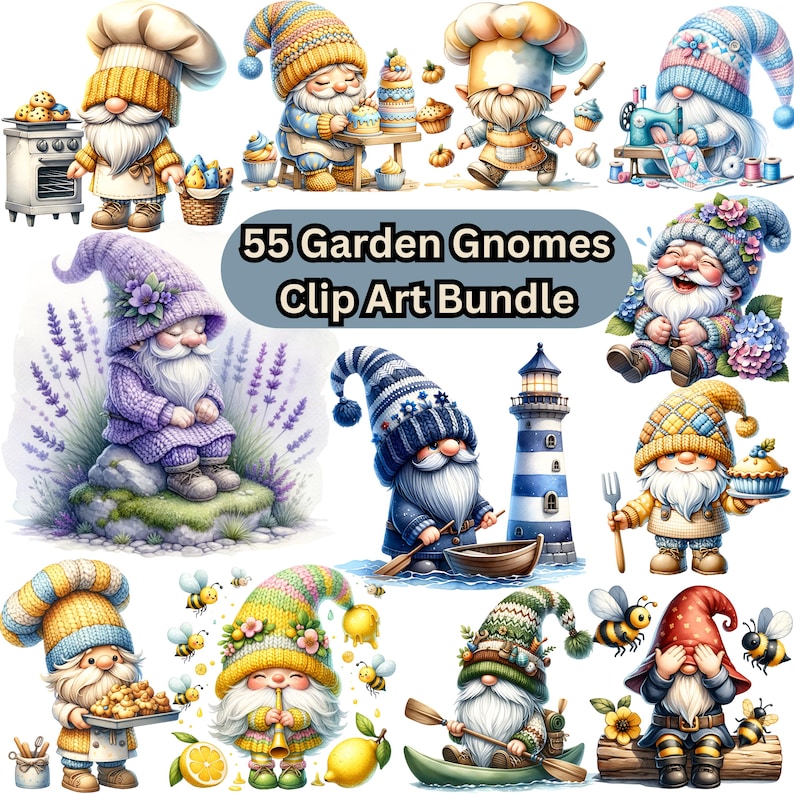 Cute Garden Gnome Clipart Bundle, 55 PNG Digital Download Art ...