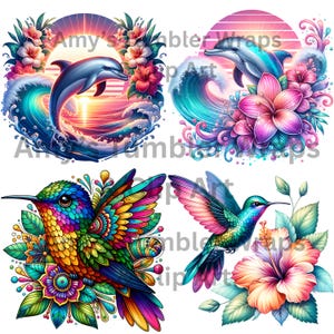 Pode incluir: Quatro impress&otilde;es de arte digital que apresentam imagens coloridas de um golfinho saltando sobre uma onda, um beija-flor com penas brilhantes, uma flor tropical e um beija-flor com penas verdes e uma flor rosa.