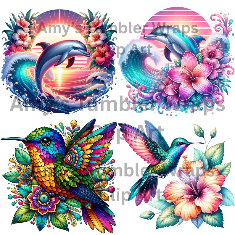 Pode incluir: Quatro impress&otilde;es de arte digital que apresentam imagens coloridas de um golfinho saltando sobre uma onda, um beija-flor com penas brilhantes, uma flor tropical e um beija-flor com penas verdes e uma flor rosa.