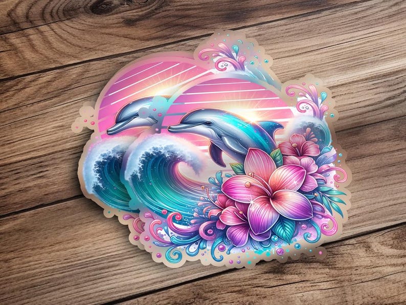 Pode incluir: Um adesivo com dois golfinhos saltando sobre uma onda com flores rosa e roxas e um fundo de p&ocirc;r do sol.