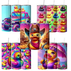 May include: A collection of colorful 20 oz stainless steel tumblers. Designs include a rainbow jeep with ducklings, a cowboy duck, and various duck-themed patterns. Each tumbler has a straw and a lid.