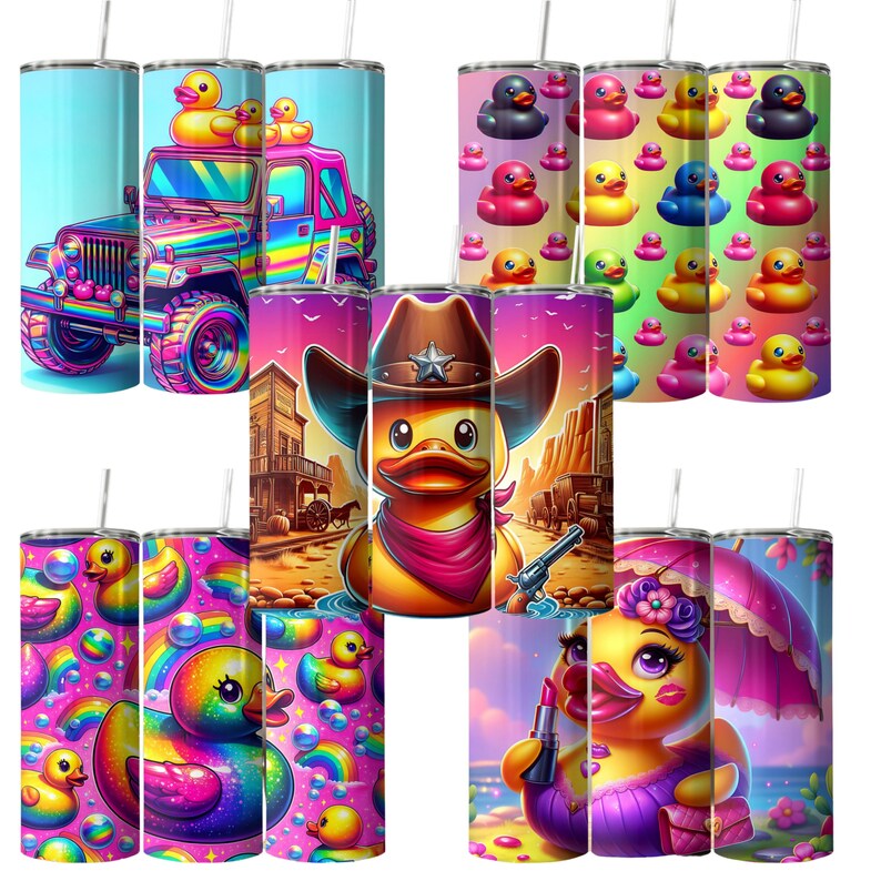 May include: A collection of colorful 20 oz stainless steel tumblers. Designs include a rainbow jeep with ducklings, a cowboy duck, and various duck-themed patterns. Each tumbler has a straw and a lid.