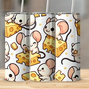 May include: White stainless steel tumbler with a repeating pattern of cartoon mice eating cheese. The mice are white with pink ears and noses. The cheese is yellow with holes.