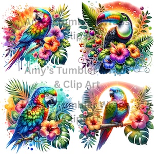 Pode incluir: Quatro ilustra&ccedil;&otilde;es digitais de p&aacute;ssaros tropicais com cores vibrantes e flores tropicais. As aves s&atilde;o um tucano, uma arara e dois papagaios. As flores s&atilde;o hibiscos e outras flores tropicais.