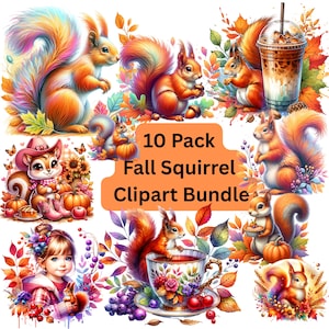 Cute Fall Squirrel Clipart Bundle, 10 Pack, Wildlife, Nature and Animals PNG Digital Download Clip Art, T-Shirt Design, Fall Harvest, Jars