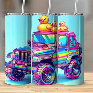 May include: A rainbow-colored Jeep with a pink roof and three yellow rubber duckies on top. The Jeep is on a light blue background.