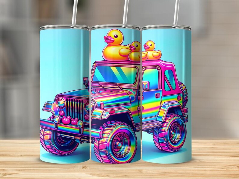 May include: A rainbow-colored Jeep with a pink roof and three yellow rubber duckies on top. The Jeep is on a light blue background.