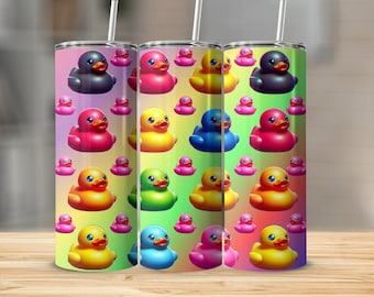 Rubber Duck Tumbler Wrap Design 20oz Skinny - Cute Rainbow Art Ducky Seamless Sublimation PNG Digital Download