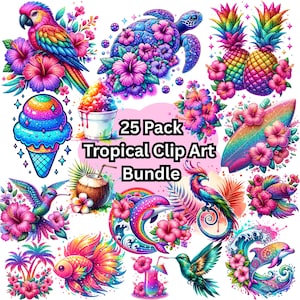 25 Pack Tropical Clip Art Bundle, PNG Digital Download, Glitter Sea Turtles, Dolphins, Palm Trees, Pineapples, T-Shirt Sublimation, Tumbler
