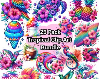 25 Pack Tropical Clip Art Bundle, PNG Digital Download, Glitter Sea Turtles, Dolphins, Palm Trees, Pineapples, T-Shirt Sublimation, Tumbler