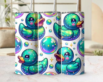 Teal Rubber Duck Bubbles Tumbler Wrap, 20 oz Skinny Design Sublimation, PNG Digital Download, Tumbler Wrap, Kawaii Cute Ducky, Seamless