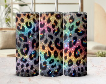 Copribicchiere con stampa leopardata senza cuciture glitterata, design sottile a sublimazione da 20 once, download digitale PNG, copribicchieri selvaggi, olografico