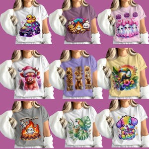 May include: Nine colorful graphic t-shirts. Designs include a purple jeep with a rubber duck, a campfire with s'mores, pink ghosts with bows, a cow in a Santa hat, sunflowers and highland cows, a toucan, a campfire with text, a parrot, and a rainbow puppy.