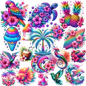 May include: A vibrant illustration featuring a parrot, sea turtle, pineapples, and other tropical elements. The artwork showcases a rainbow ice cream cone, a coconut drink, and a surfboard, all adorned with bright colors and floral accents.