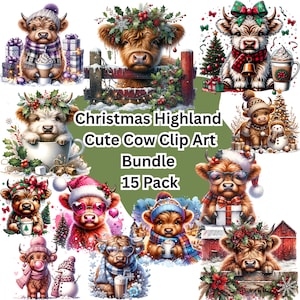 Cute Christmas Highland Cow Clip Art Bundle, PNG Digital Download, 15 Pack Clipart Cows, Winter, Cows with Hats, T-Shirt Design Sublimation