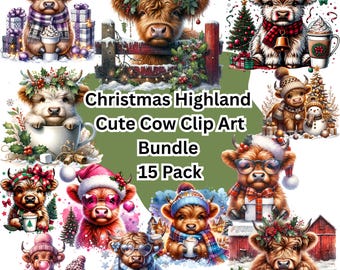 Pacote de clipart fofo de vaca das Terras Altas de Natal, download digital em PNG, pacote com 15 clipart de vacas, inverno, vacas com chapéus, design de camiseta por sublimação