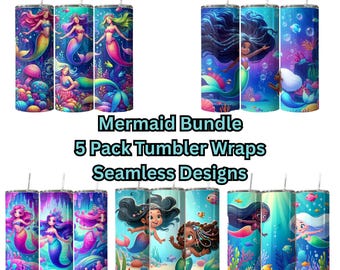 Naadloze Tumbler Wrap-bundel zeemeerminmeisjes, pakket van 5 zeemeerminnen, Under the Sea, 20oz mager ontwerpsublimatie, digitale png-download