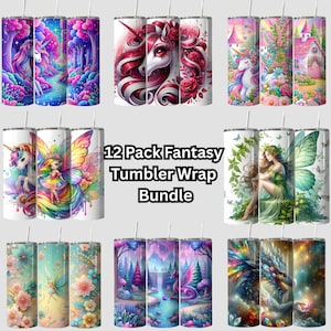 Fantasy Tumbler Wrap Bundle, 12 Pack Unicorns, Fairies, Dragons Tumbler Wraps, 20oz Skinny Design Sublimation, PNG Digital Download