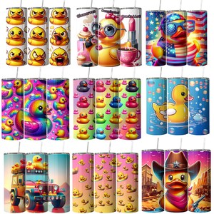 May include: Set of 12 colorful stainless steel tumblers with various designs. The designs include a rainbow with a unicorn, a jeep with rubber duckies, a yellow duck in a bathtub, a glamorous duck with a crown, a duck with an American flag, and a duck with a red, white, and blue design.